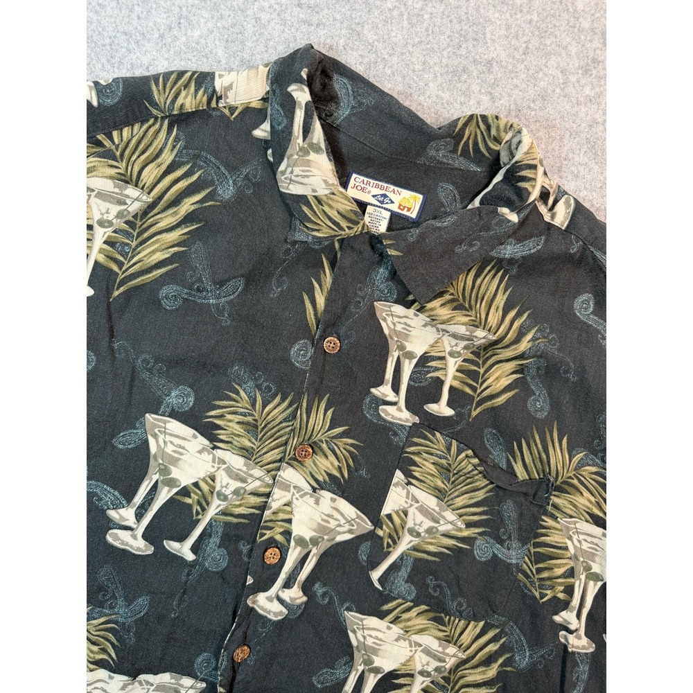 Caribbean‎ Joe Mens 3XL Martini Palm Print Rayon Camp Shirt Black Tropical